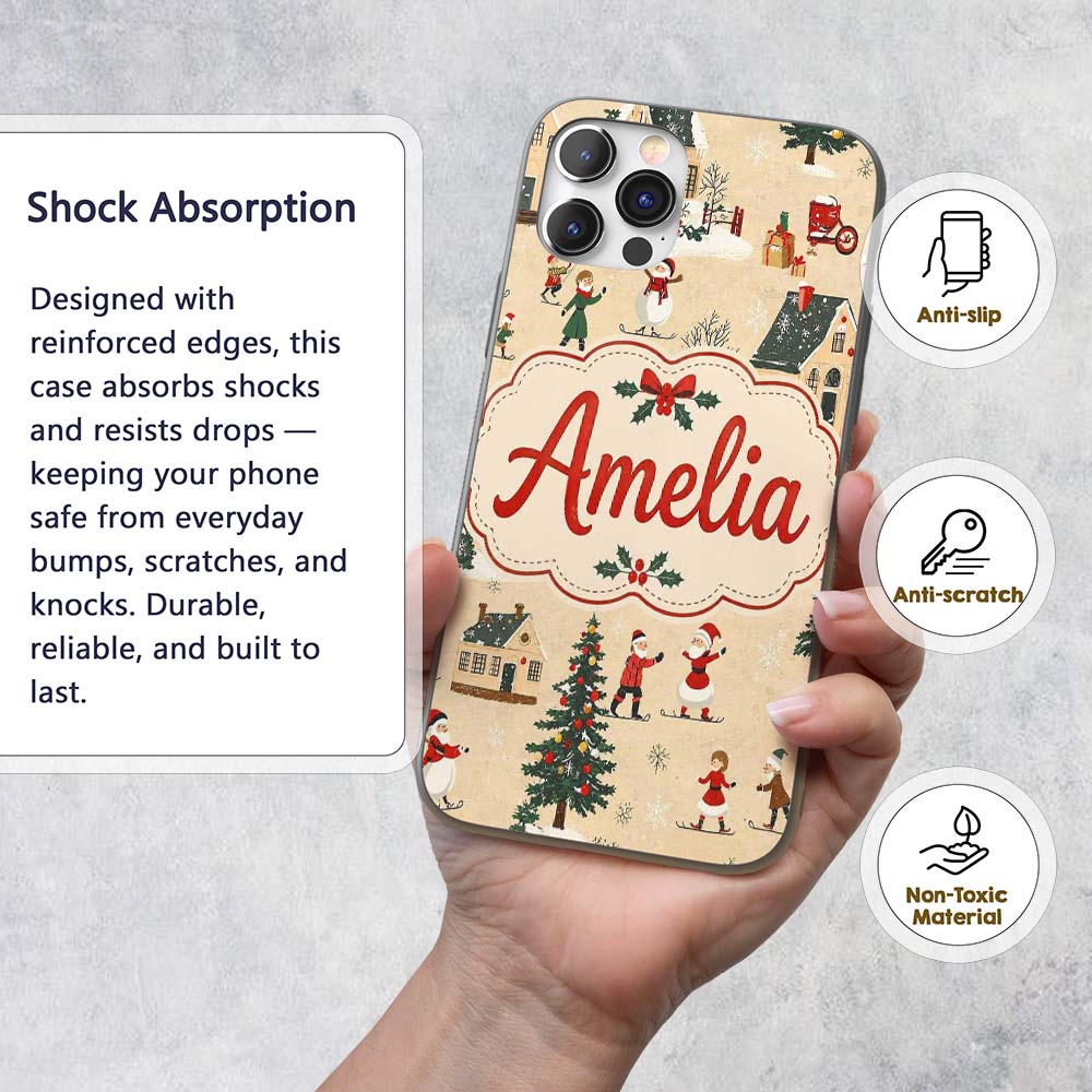 Classic Winter Village Ice Skating Christmas Custom Name Protective Phone Case Mobile Cover Durable Everyday Smartphone Shock Resistant