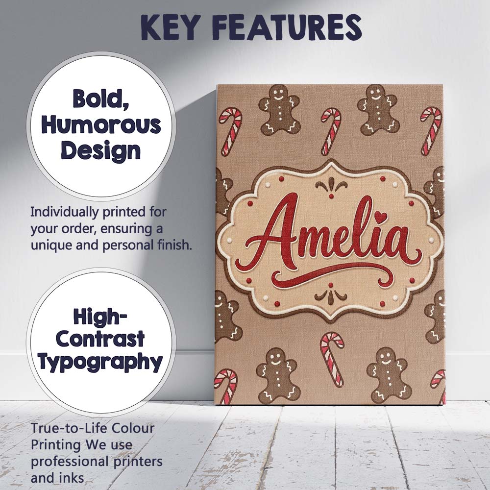 Personalised Name Gingerbread Man Candy Custom Modern Room Accent Elegant Feature Canvas Wall Art Print Decor Picture Ready to Hang