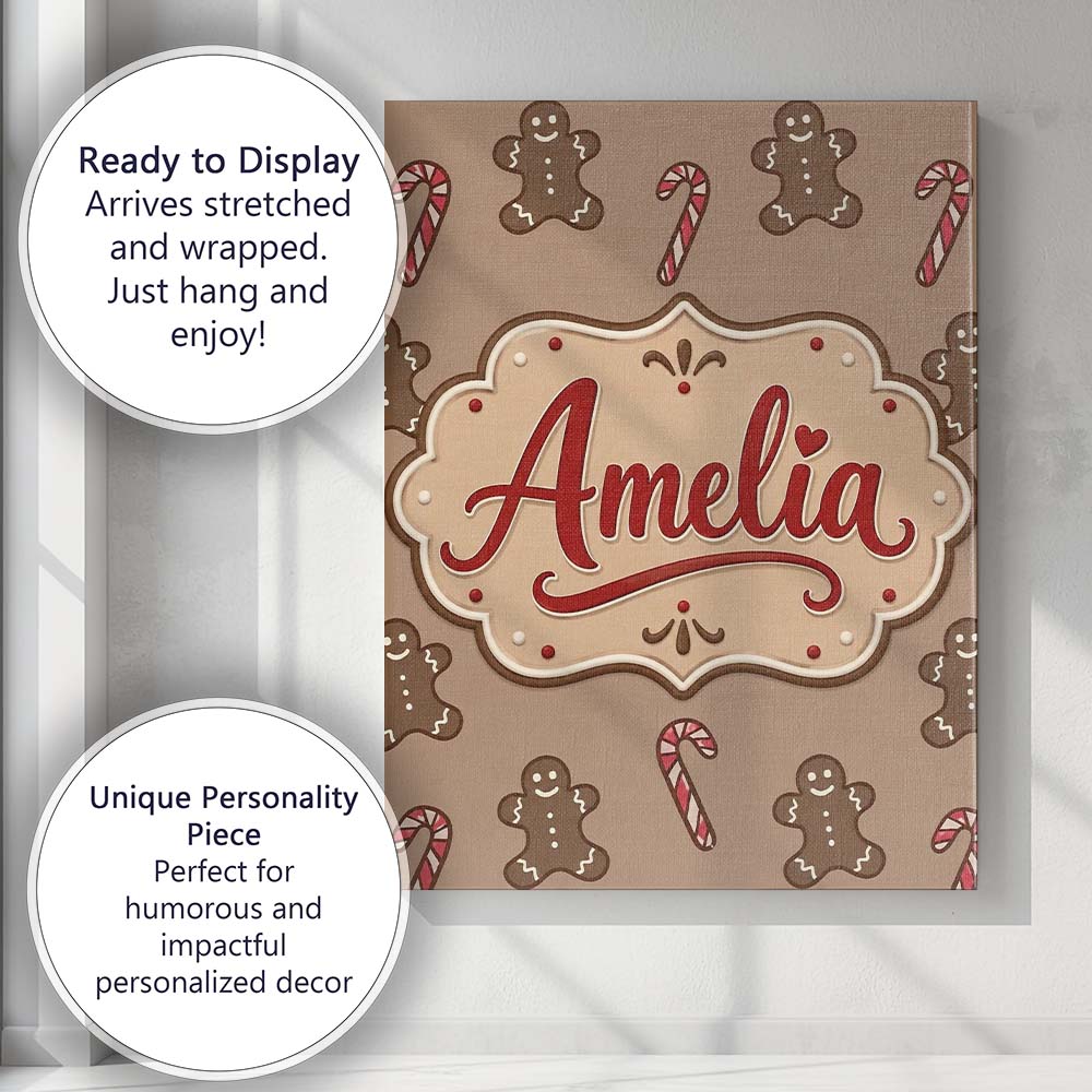 Personalised Name Gingerbread Man Candy Custom Modern Room Accent Elegant Feature Canvas Wall Art Print Decor Picture Ready to Hang