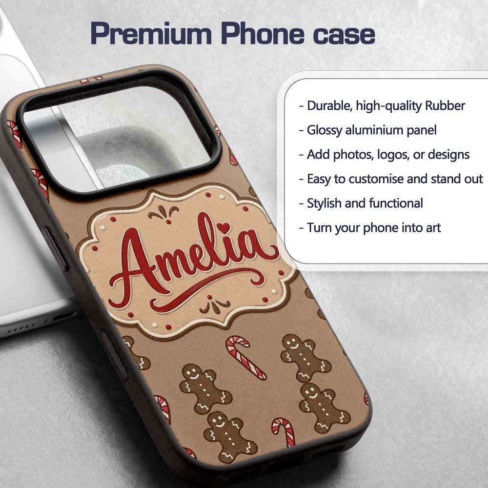 Gingerbread Man Candy Cane Brown Printed Design Custom Name Protective Phone Case Mobile Cover Durable Everyday Smartphone Shock Resistant