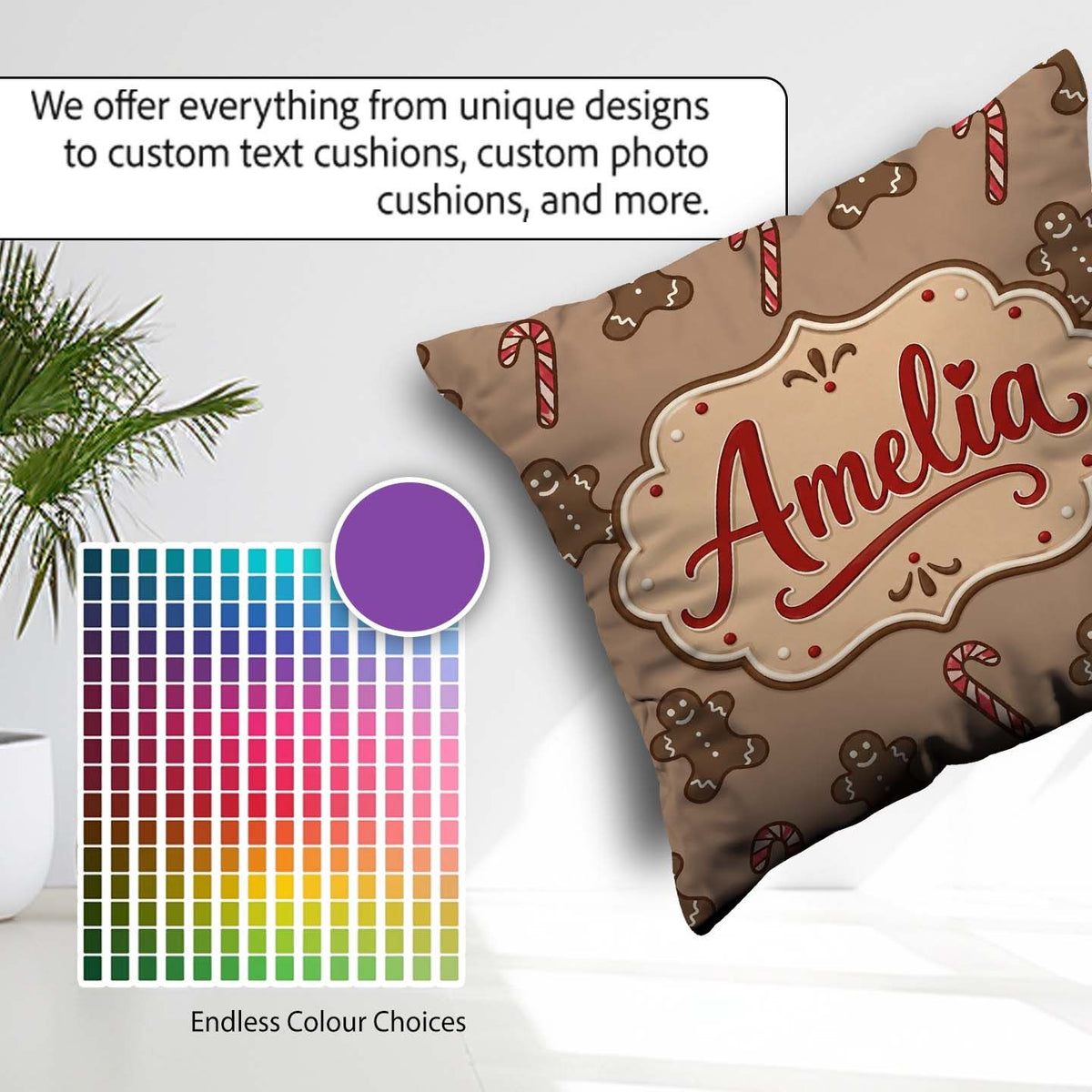 Custom Name Gingerbread Man Candy Cane Brown Christmas Seamless Square Filled Cushion Throw Pillow Sofa Bed Home Decor Zip Washable UK Made