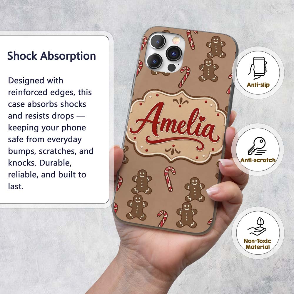 Gingerbread Man Candy Cane Brown Printed Design Custom Name Protective Phone Case Mobile Cover Durable Everyday Smartphone Shock Resistant