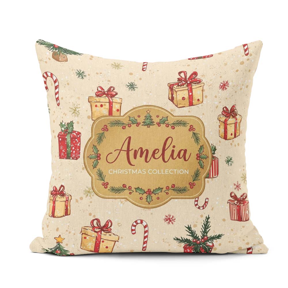 Custom Name Tree Candy Cane Gift Box Snowflakes Seamless Pattern Square Filled Cushion Throw Pillow Sofa Bed Home Decor Zip Washable UK Made