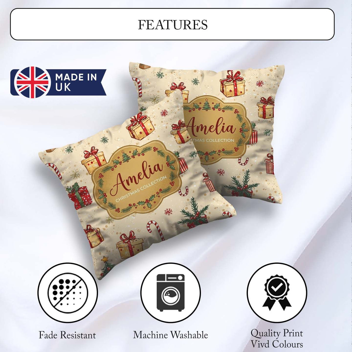 Custom Name Tree Candy Cane Gift Box Snowflakes Seamless Pattern Square Filled Cushion Throw Pillow Sofa Bed Home Decor Zip Washable UK Made