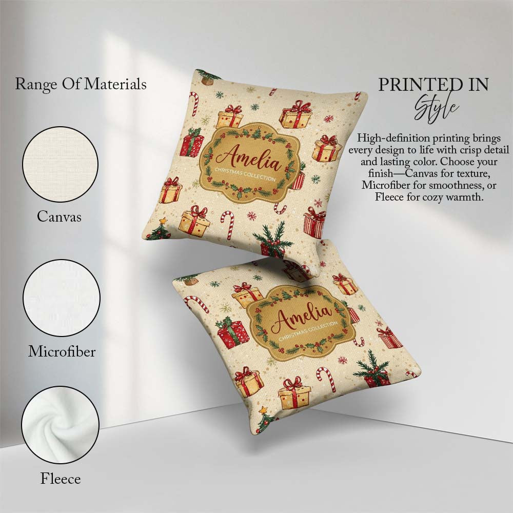 Custom Name Tree Candy Cane Gift Box Snowflakes Seamless Pattern Square Filled Cushion Throw Pillow Sofa Bed Home Decor Zip Washable UK Made
