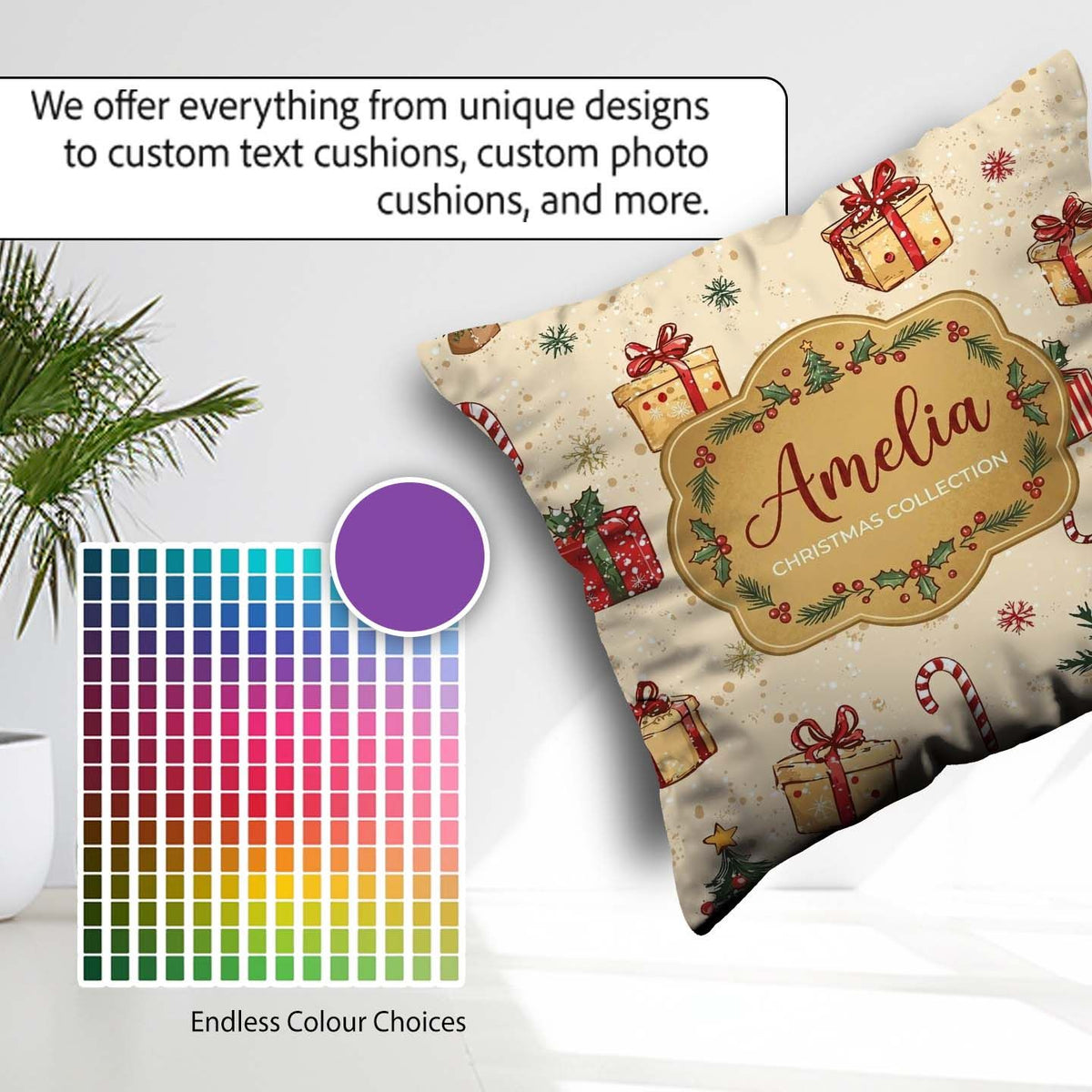 Custom Name Tree Candy Cane Gift Box Snowflakes Seamless Pattern Square Filled Cushion Throw Pillow Sofa Bed Home Decor Zip Washable UK Made