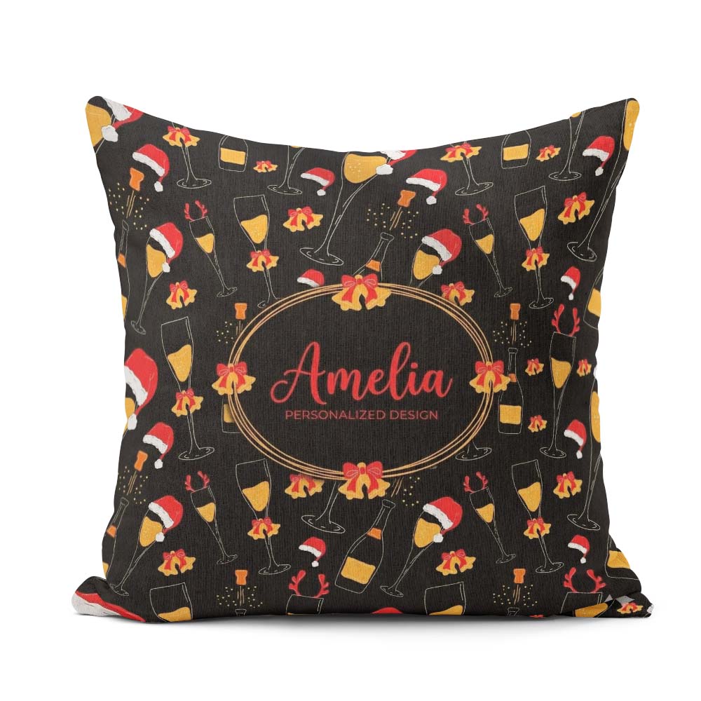 Custom Name Festive Champagne Glass Santa Bells Seamless Pattern Square Filled Cushion Throw Pillow Sofa Bed Home Decor Zip Washable UK Made