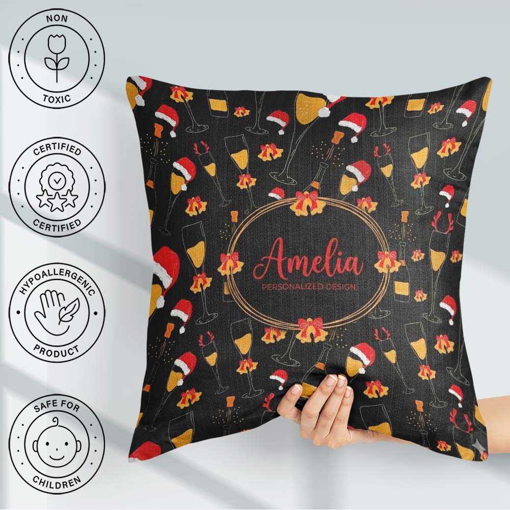 Custom Name Festive Champagne Glass Santa Bells Seamless Pattern Square Filled Cushion Throw Pillow Sofa Bed Home Decor Zip Washable UK Made