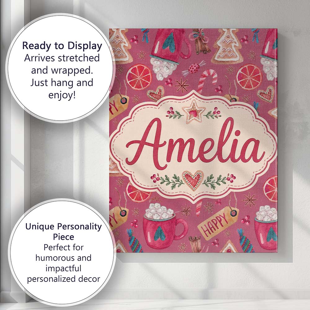 Personalised Name Watercolor Christmas Custom Modern Room Accent Elegant Feature Canvas Wall Art Print Decor Picture Ready to Hang