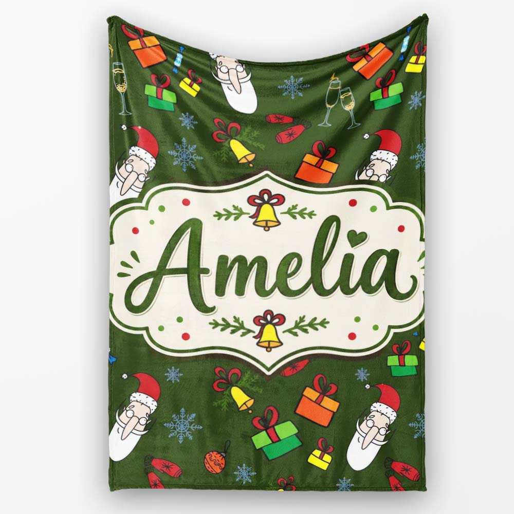Santa Claus Gifts Mittens Champagne Glass Snowflakes Festive Lovely Personalised Custom Name Super Soft Fleece Blanket Bed Sofa Throw