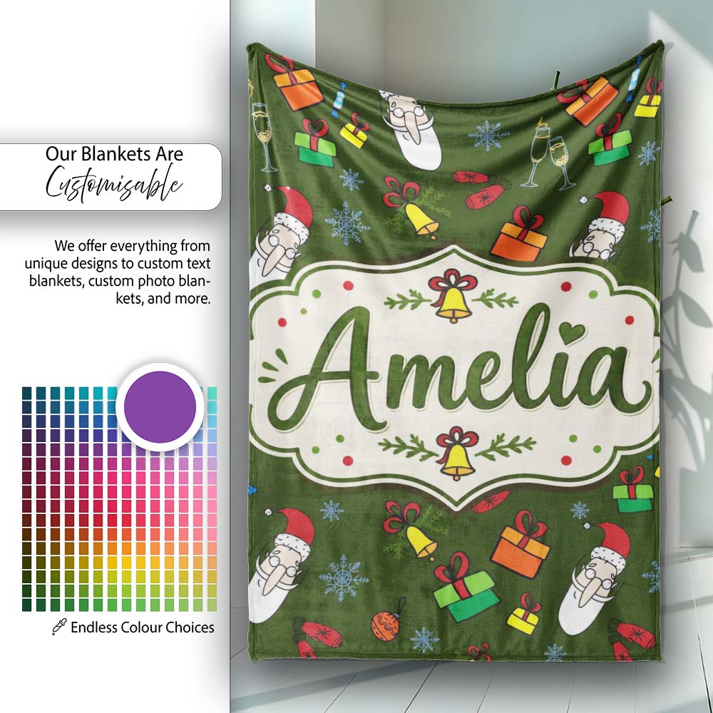 Santa Claus Gifts Mittens Champagne Glass Snowflakes Festive Lovely Personalised Custom Name Super Soft Fleece Blanket Bed Sofa Throw