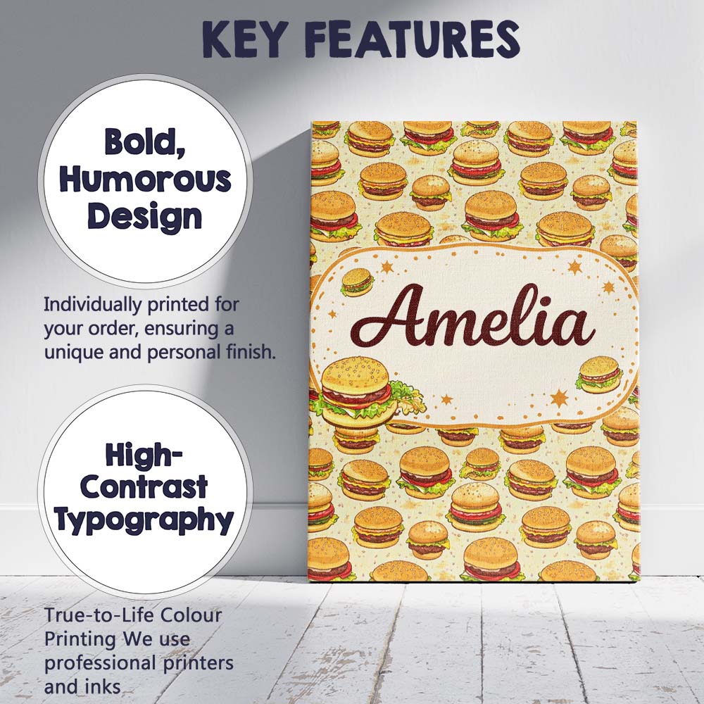 Personalised Name Cartoon Cheeseburger Seamless Pattern Light Green Custom Canvas Wall Art Print Decor Picture Ready to Hang