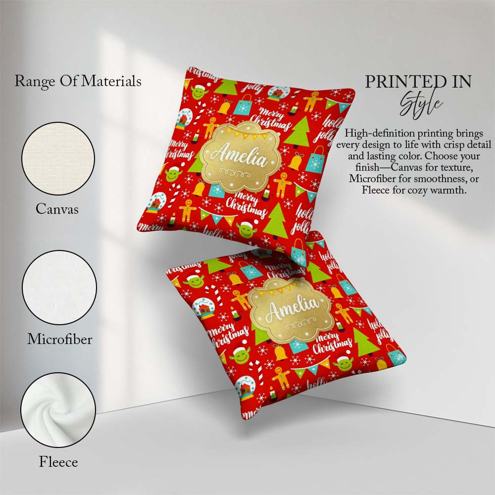 Custom Name Merry Christmas Holly Jolly Tree Candy Cane Festive Square Filled Cushion Throw Pillow Sofa Bed Home Decor Zip Washable UK Made