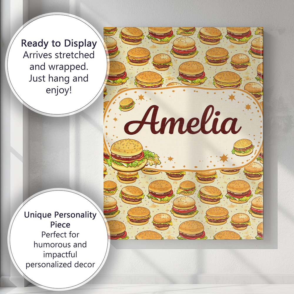 Personalised Name Cartoon Cheeseburger Seamless Pattern Light Green Custom Canvas Wall Art Print Decor Picture Ready to Hang