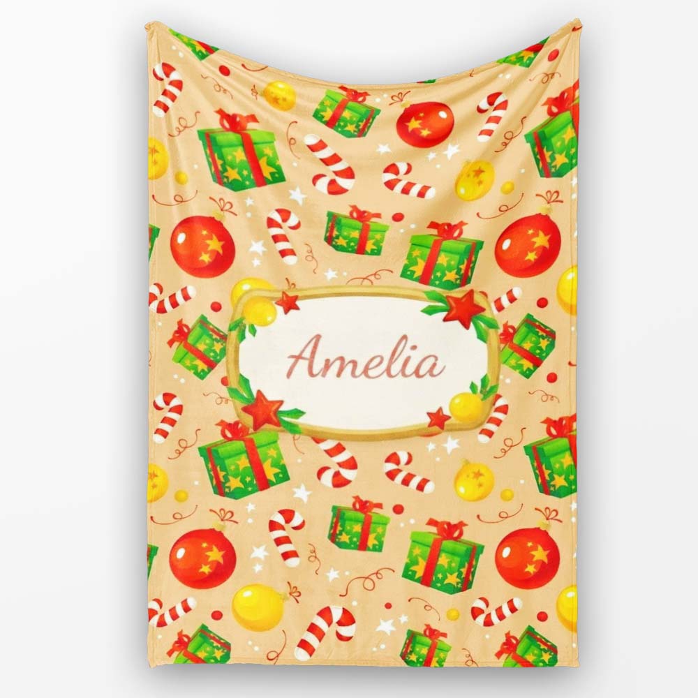 Christmas Baubles Candy Cane Gift Boxes Ornaments Festive Seamless Personalised Custom Name Super Soft Fleece Blanket Bed Sofa Throw
