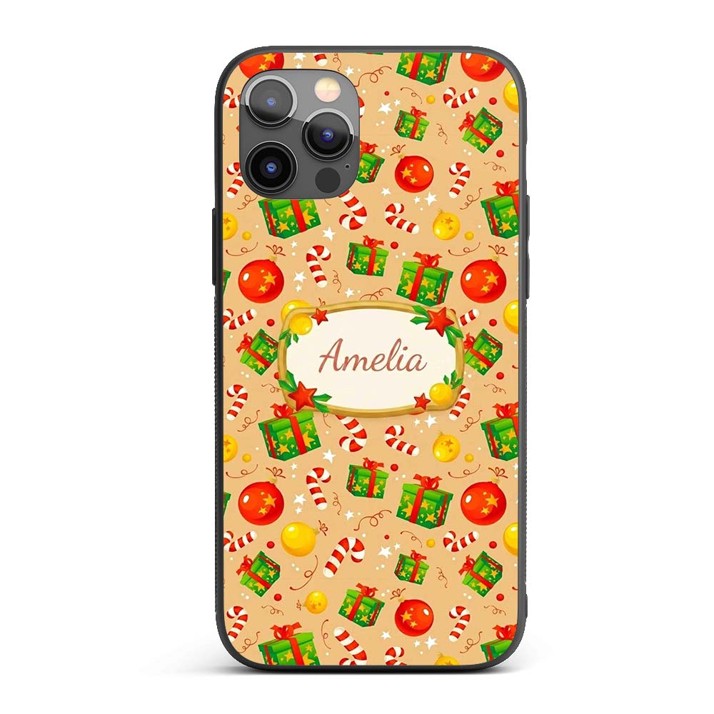 Christmas Baubles Candy Cane Gift Boxes Ornaments Custom Name Protective Phone Case Mobile Cover Durable Everyday Smartphone Shock Resistant