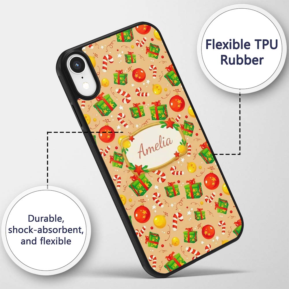 Christmas Baubles Candy Cane Gift Boxes Ornaments Custom Name Protective Phone Case Mobile Cover Durable Everyday Smartphone Shock Resistant