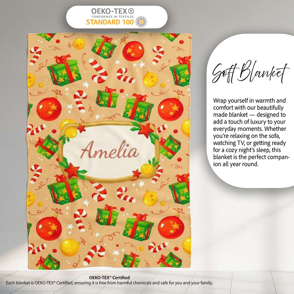 Christmas Baubles Candy Cane Gift Boxes Ornaments Festive Seamless Personalised Custom Name Super Soft Fleece Blanket Bed Sofa Throw