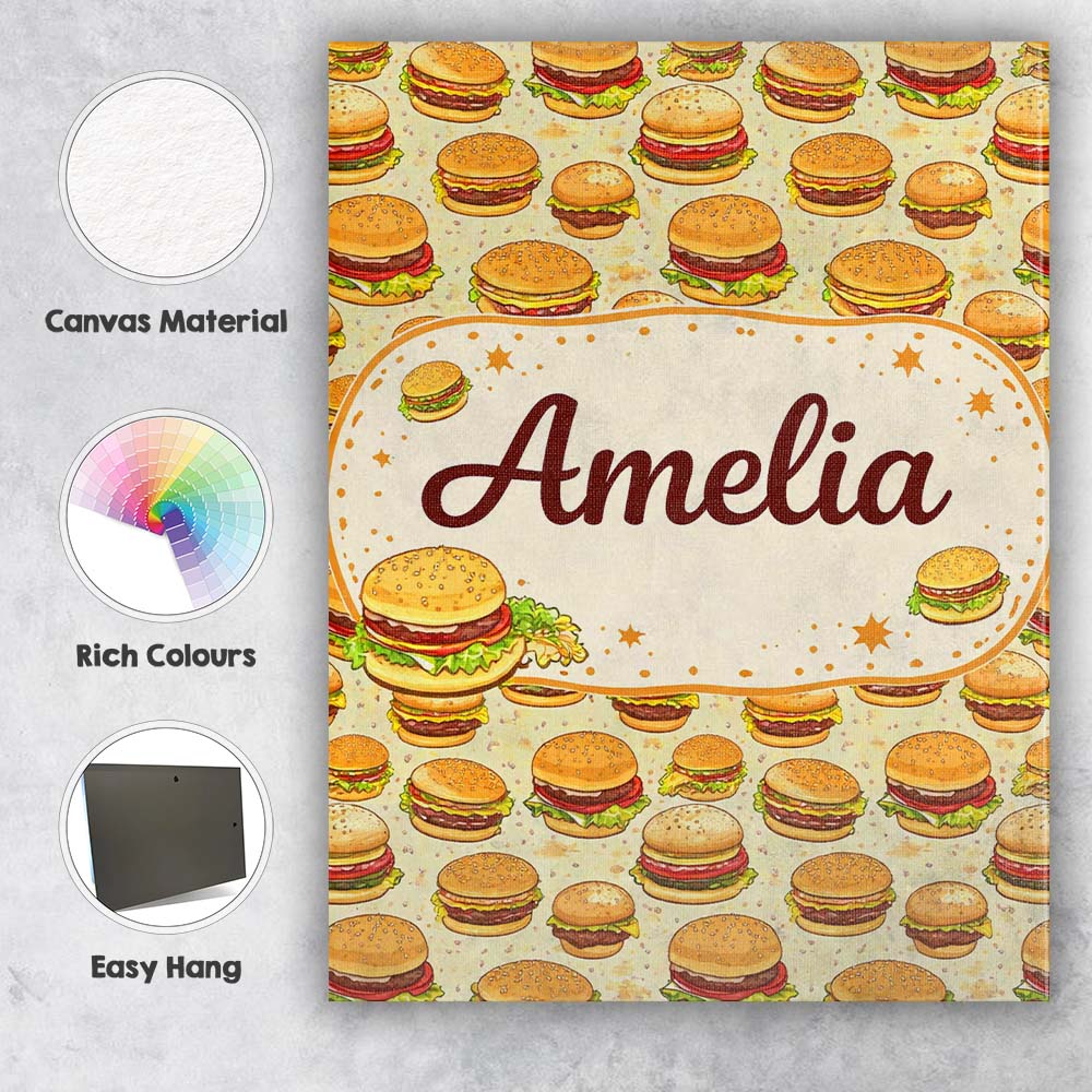 Personalised Name Cartoon Cheeseburger Seamless Pattern Light Green Custom Canvas Wall Art Print Decor Picture Ready to Hang