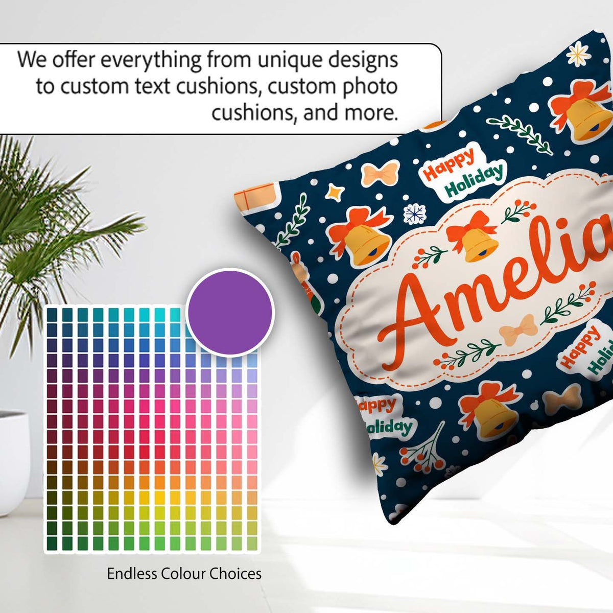 Custom Name Happy Holiday Bells Gift Box Winter Festive Seamless Square Filled Cushion Throw Pillow Sofa Bed Home Decor Zip Washable UK Made