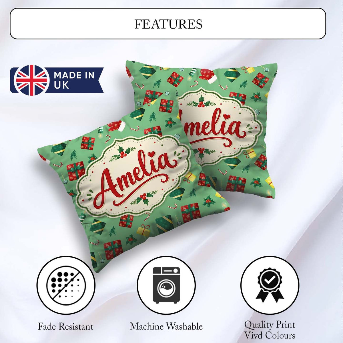 Custom Name Santa Reindeer Snowman Gift Boxes Ornaments Seamless Square Filled Cushion Throw Pillow Sofa Bed Home Decor Zip Washable UK Made