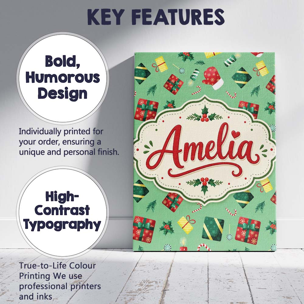 Personalised Name Santa Reindeer Snowman Custom Unique Gift Idea Elegant Feature Canvas Wall Art Print Decor Picture Ready to Hang