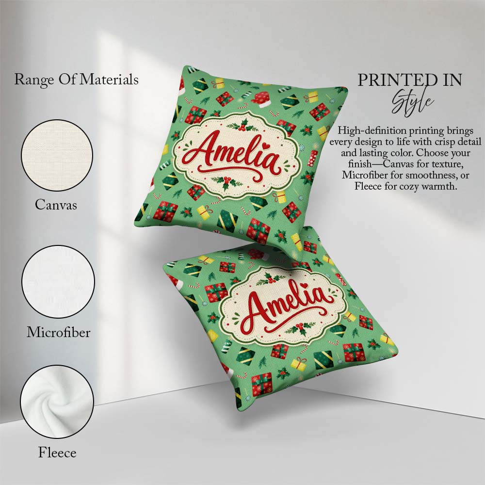 Custom Name Santa Reindeer Snowman Gift Boxes Ornaments Seamless Square Filled Cushion Throw Pillow Sofa Bed Home Decor Zip Washable UK Made