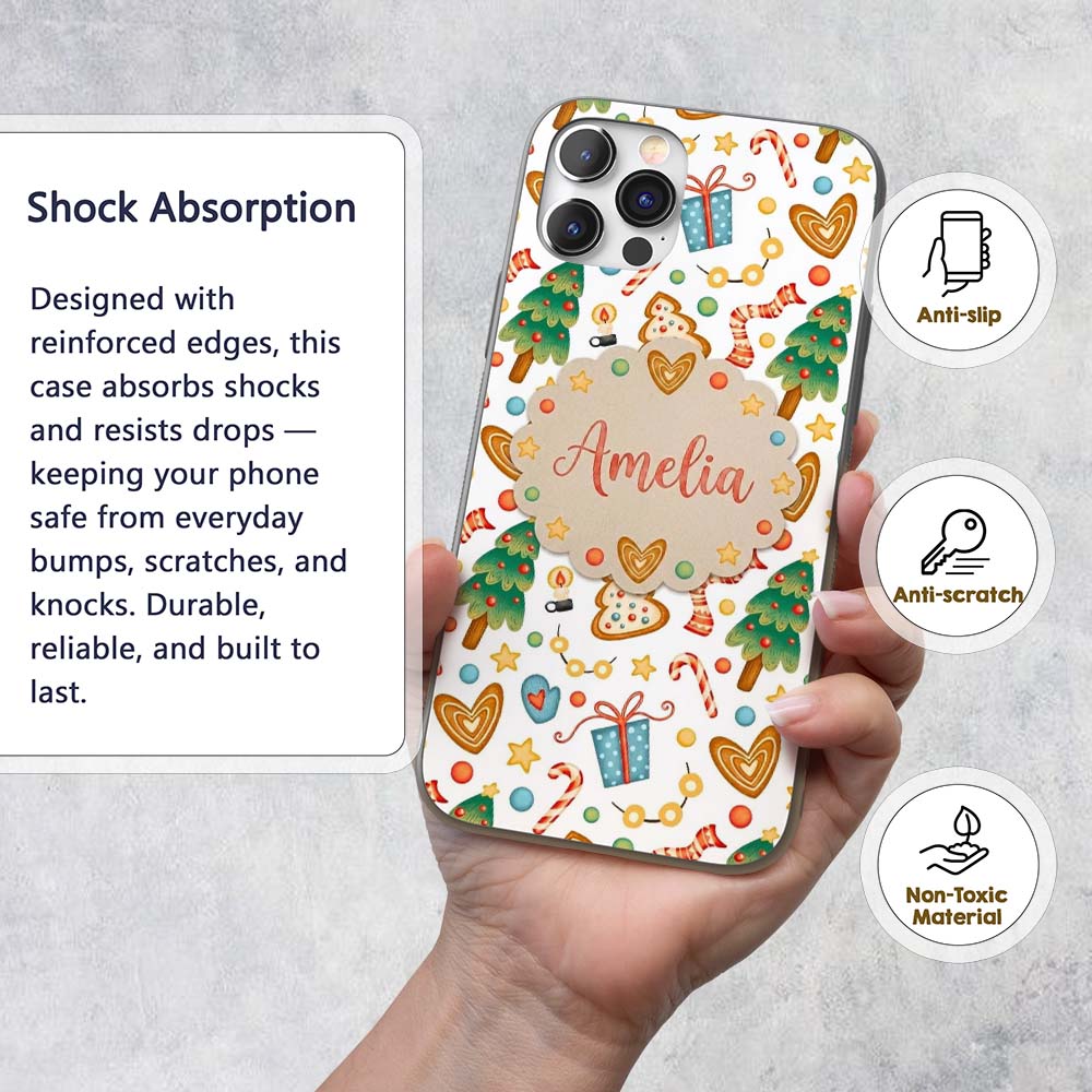 Christmas Tree Candy Cane Cookies Stars Gift Custom Name Protective Phone Case Mobile Cover Durable Everyday Smartphone Shock Resistant