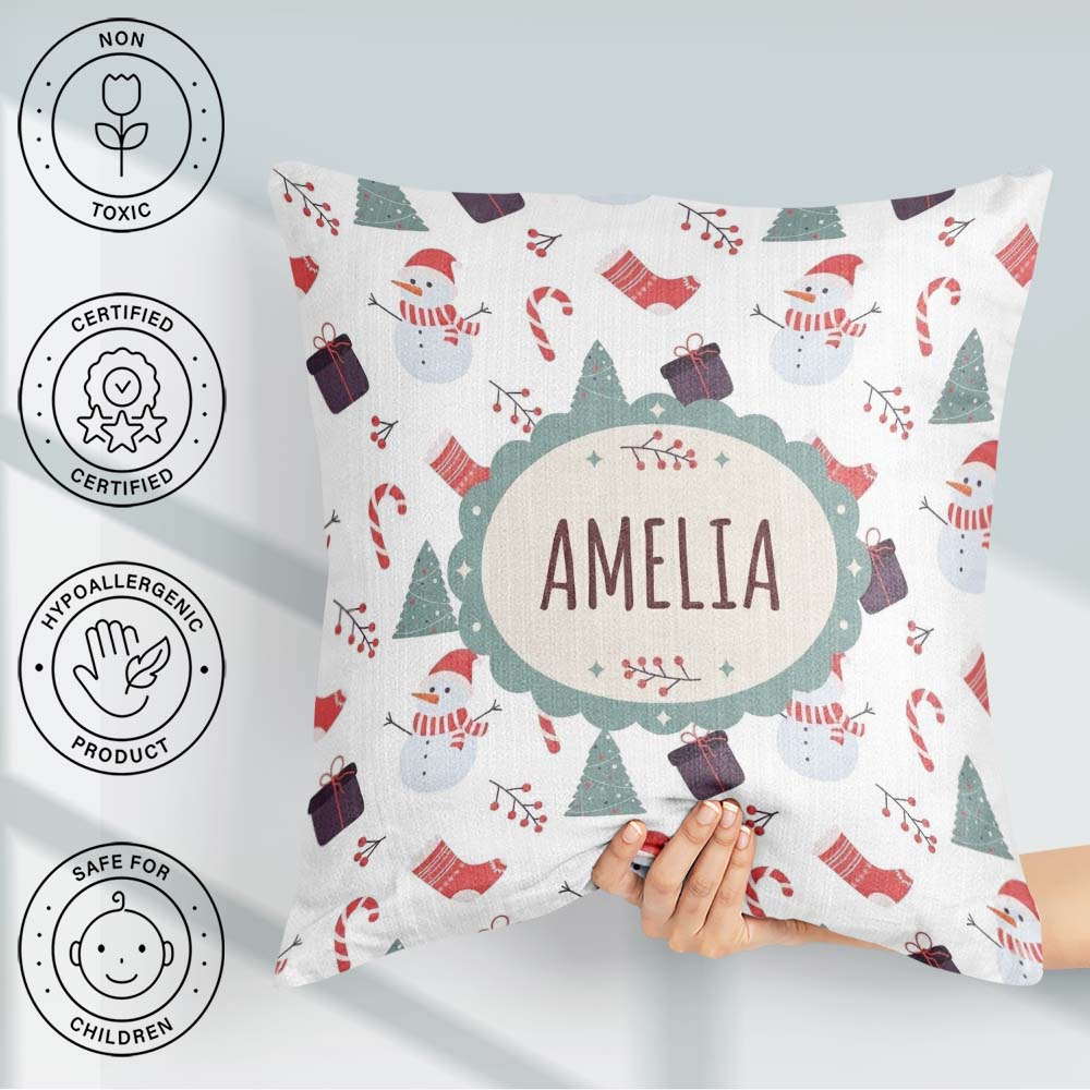 Custom Name Snowman Candy Cane Gifts and Christmas Tree Seamless Square Filled Cushion Throw Pillow Sofa Bed Home Decor Zip Washable UK Made