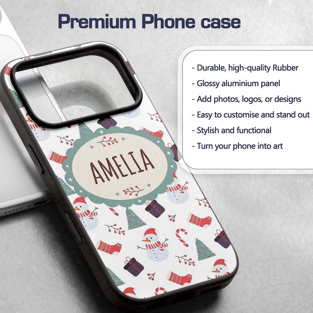 Cute Snowman Candy Cane Gifts and Christmas Tree Custom Name Protective Phone Case Mobile Cover Durable Everyday Smartphone Shock Resistant