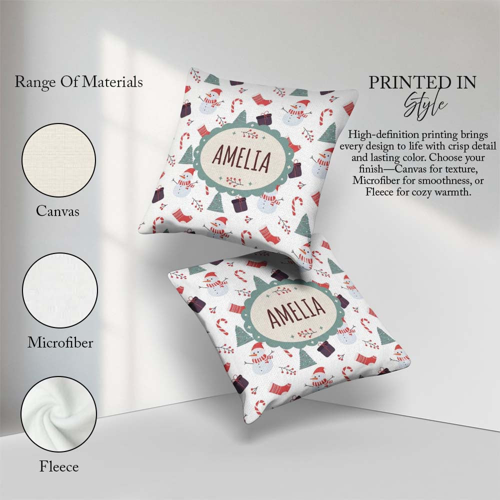 Custom Name Snowman Candy Cane Gifts and Christmas Tree Seamless Square Filled Cushion Throw Pillow Sofa Bed Home Decor Zip Washable UK Made