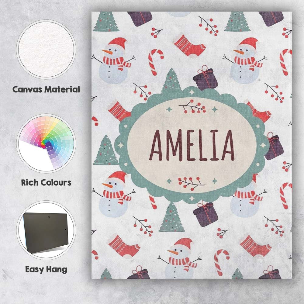 Personalised Name Cute Snowman Candy Cane Custom Unique Gift Idea Elegant Feature Canvas Wall Art Print Decor Picture Ready to Hang