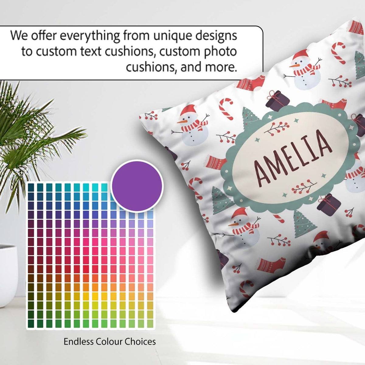 Custom Name Snowman Candy Cane Gifts and Christmas Tree Seamless Square Filled Cushion Throw Pillow Sofa Bed Home Decor Zip Washable UK Made