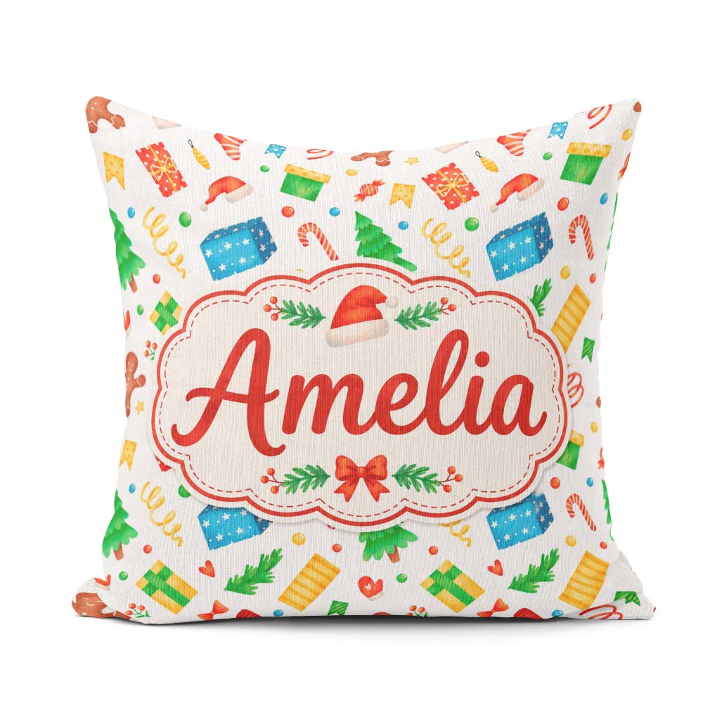Custom Name Watercolor Christmas Gifts Candy Gingerbread Festive Square Filled Cushion Throw Pillow Sofa Bed Home Decor Zip Washable UK Made