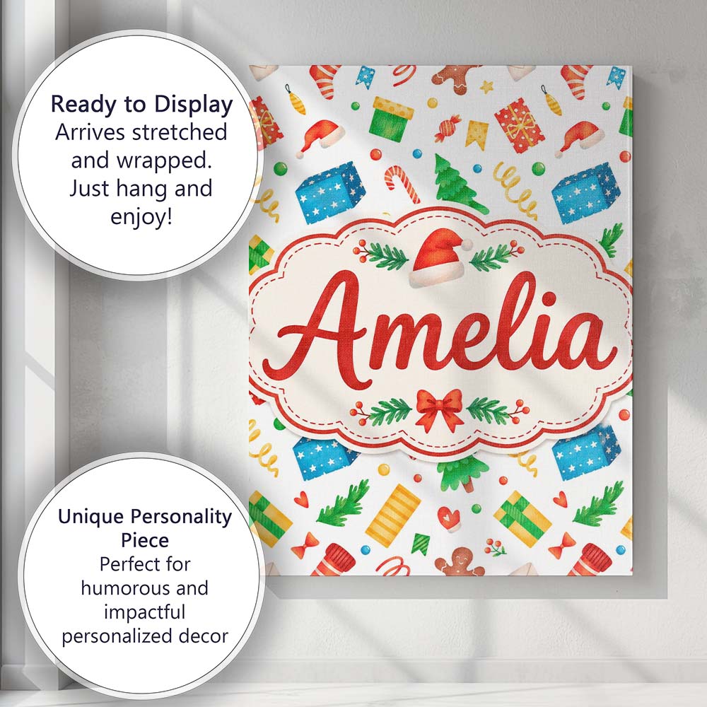 Personalised Name Watercolor Christmas Custom Modern Room Accent Elegant Feature Canvas Wall Art Print Decor Picture Ready to Hang