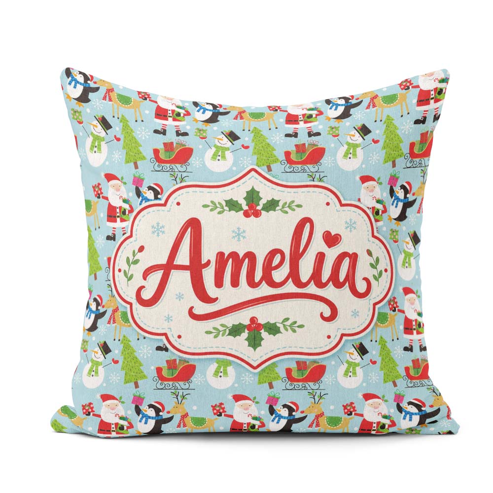 Custom Name Santa Reindeer Penguin Sleigh Christmas Fun Seamless Square Filled Cushion Throw Pillow Sofa Bed Home Decor Zip Washable UK Made