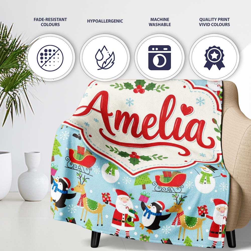 Santa Reindeer Penguin Sleigh Snowman Christmas Fun Seamless Pattern Personalised Custom Name Super Soft Fleece Blanket Bed Sofa Throw