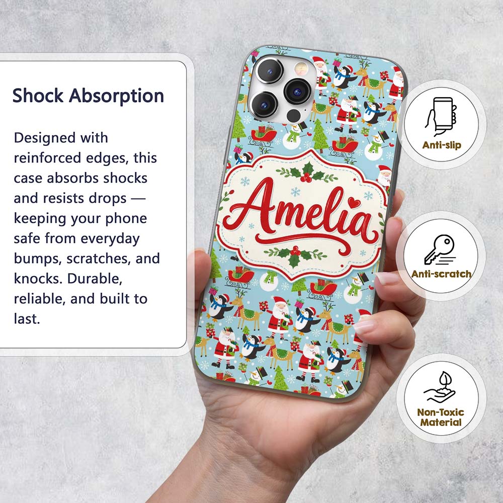 Santa Reindeer Penguin Sleigh Snowman Christmas Custom Name Protective Phone Case Mobile Cover Durable Everyday Smartphone Shock Resistant