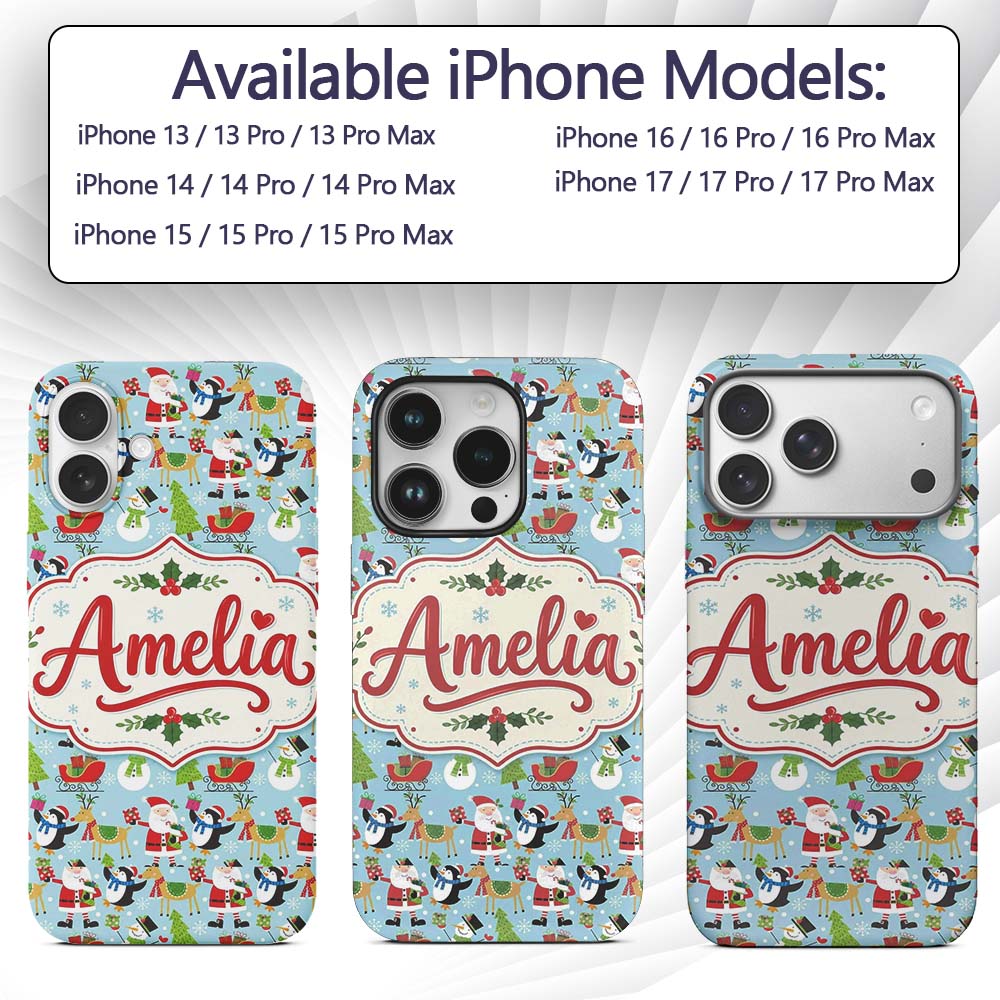 Santa Reindeer Penguin Sleigh Snowman Christmas Custom Name Protective Phone Case Mobile Cover Durable Everyday Smartphone Shock Resistant
