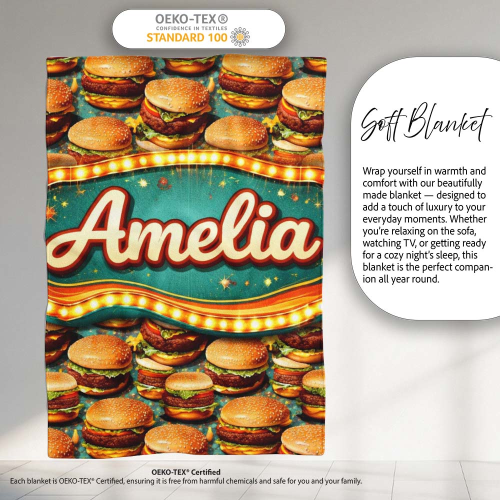 Realistic Juicy Cheeseburger Dark Green Background Fast Food Design Personalised Custom Name Super Soft Fleece Blanket Bed Sofa Throw