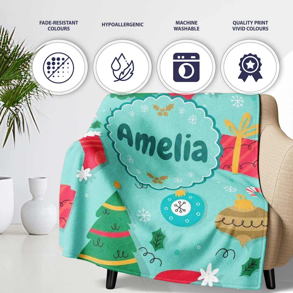 Christmas Tree Baubles Gifts Candy Cane Festive Holiday Seamless Personalised Custom Name Super Soft Fleece Blanket Bed Sofa Throw