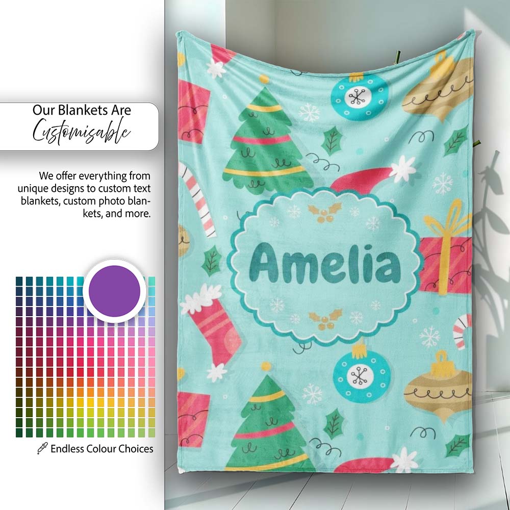 Christmas Tree Baubles Gifts Candy Cane Festive Holiday Seamless Personalised Custom Name Super Soft Fleece Blanket Bed Sofa Throw