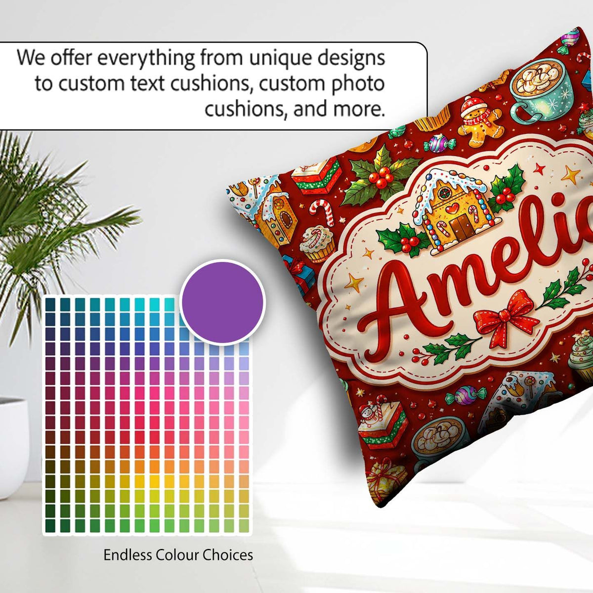 Custom Name House Cupcake Cocoa Holly Christmas Treats Seamless Square Filled Cushion Throw Pillow Sofa Bed Home Decor Zip Washable UK Made