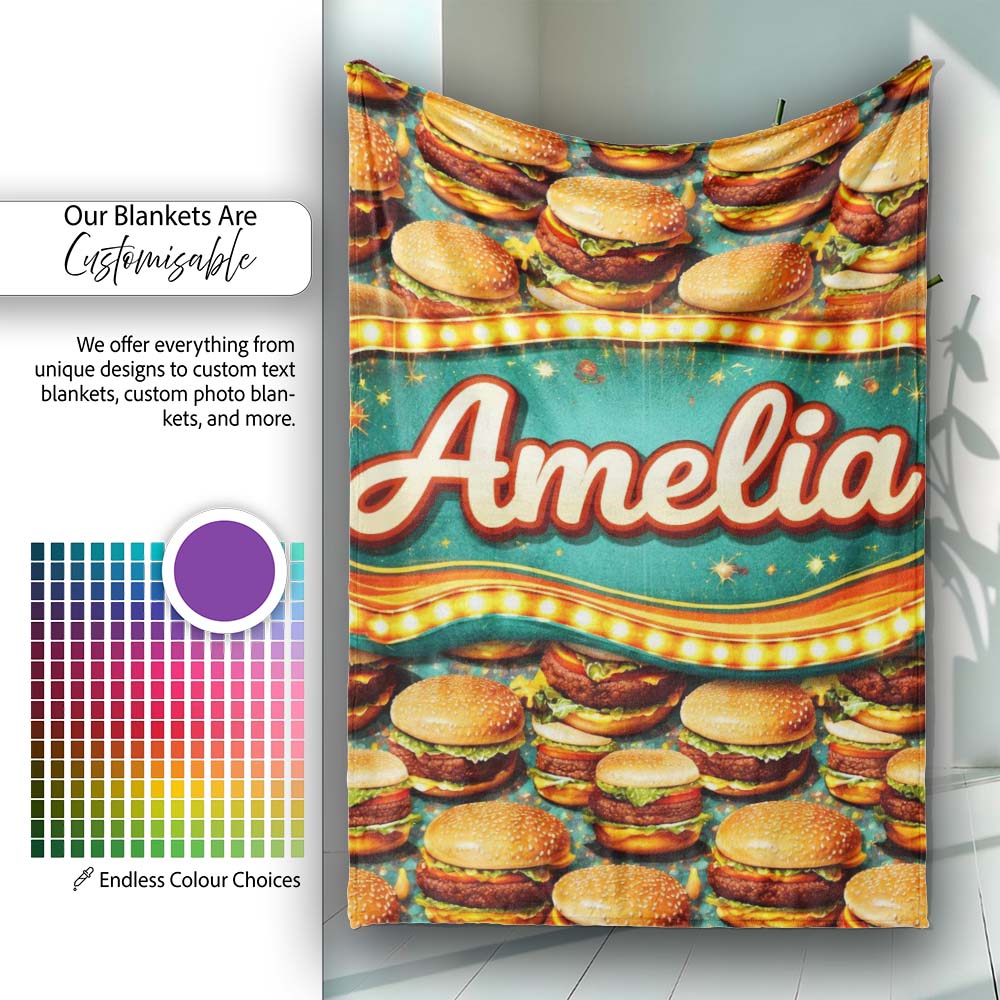 Realistic Juicy Cheeseburger Dark Green Background Fast Food Design Personalised Custom Name Super Soft Fleece Blanket Bed Sofa Throw