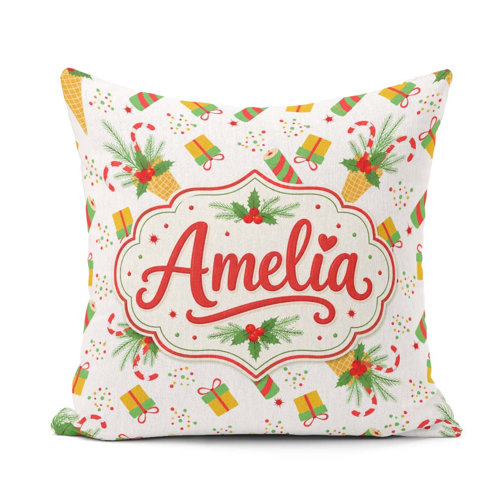 Custom Name Festive Cream Cones Holly Candy Cane Christmas Cheer Square Filled Cushion Throw Pillow Sofa Bed Home Decor Zip Washable UK Made