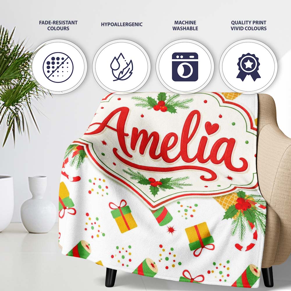 Festive Ice Cream Cones Holly Candy Cane Christmas Cheer Seamless Personalised Custom Name Super Soft Fleece Blanket Bed Sofa Throw