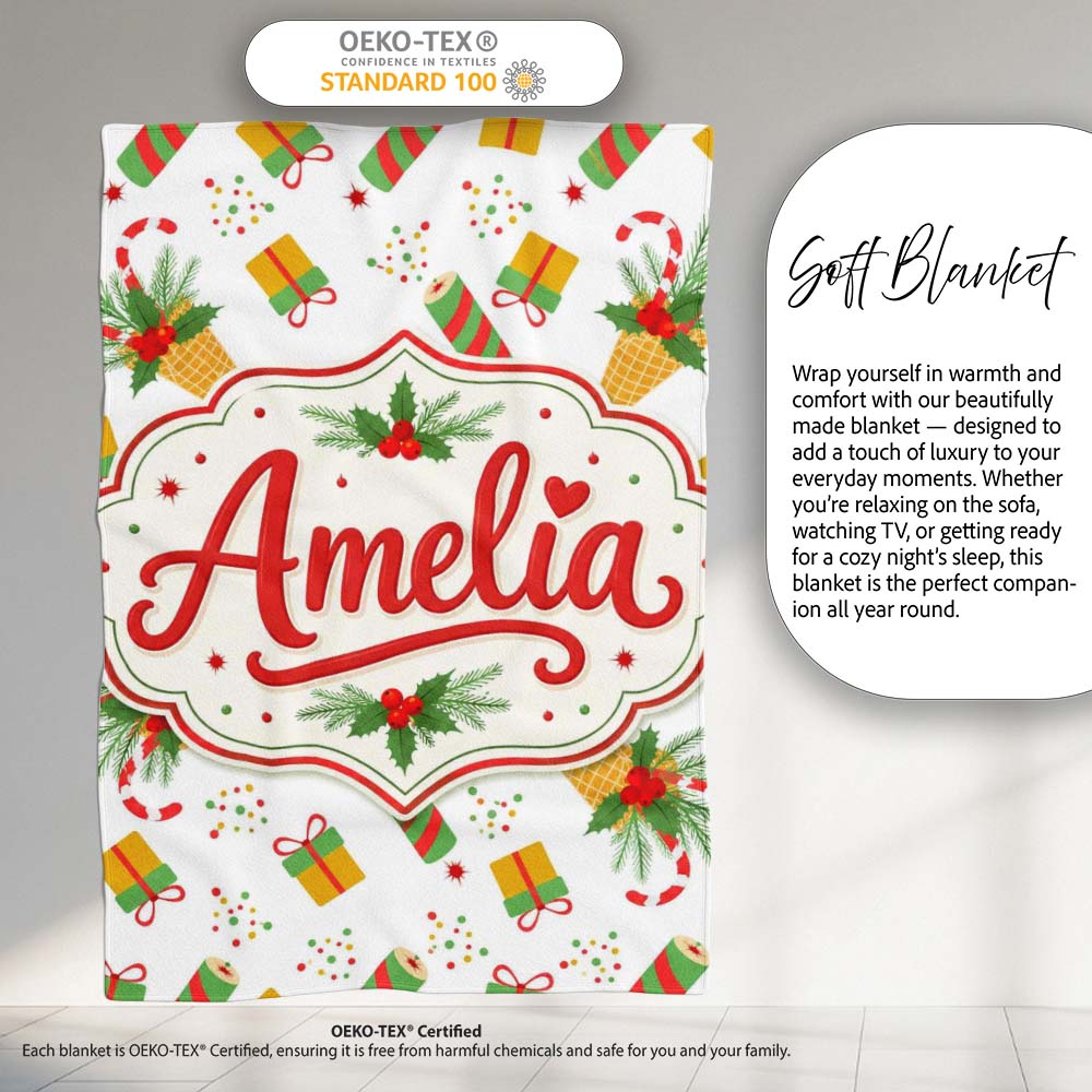 Festive Ice Cream Cones Holly Candy Cane Christmas Cheer Seamless Personalised Custom Name Super Soft Fleece Blanket Bed Sofa Throw