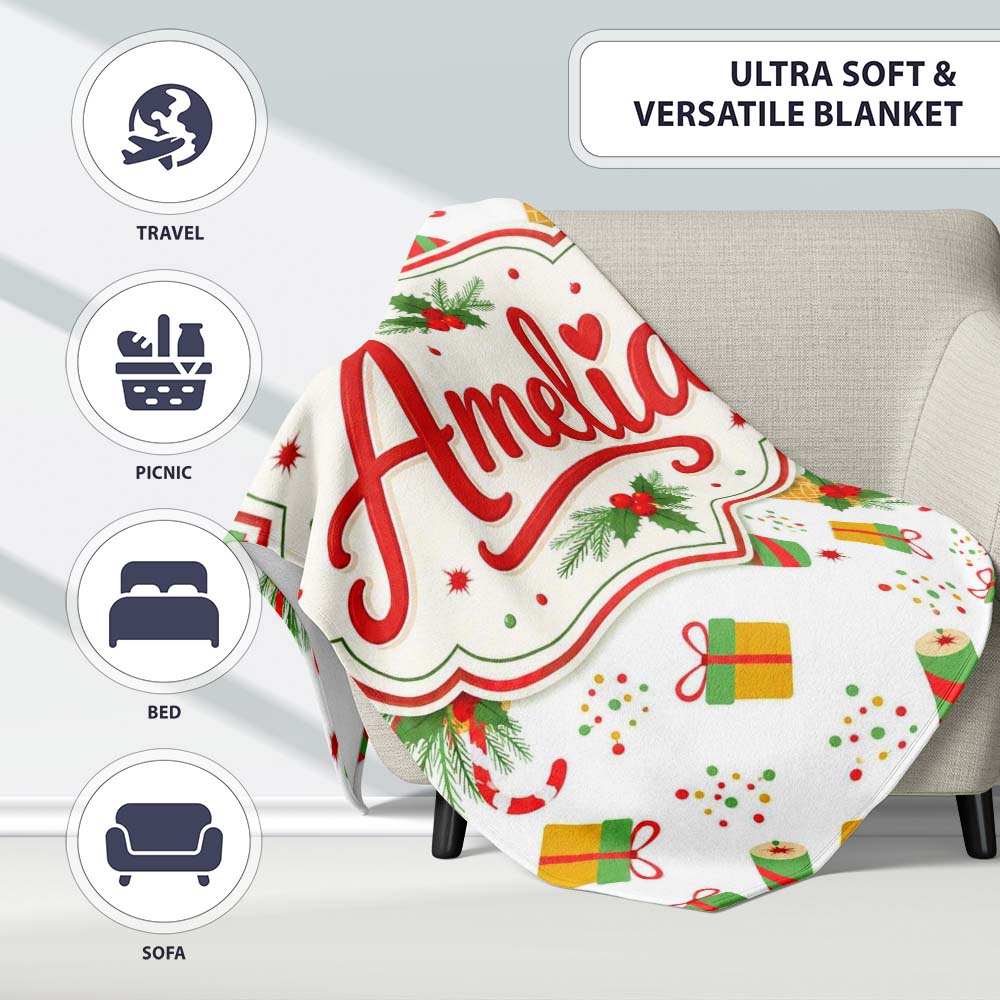 Festive Ice Cream Cones Holly Candy Cane Christmas Cheer Seamless Personalised Custom Name Super Soft Fleece Blanket Bed Sofa Throw