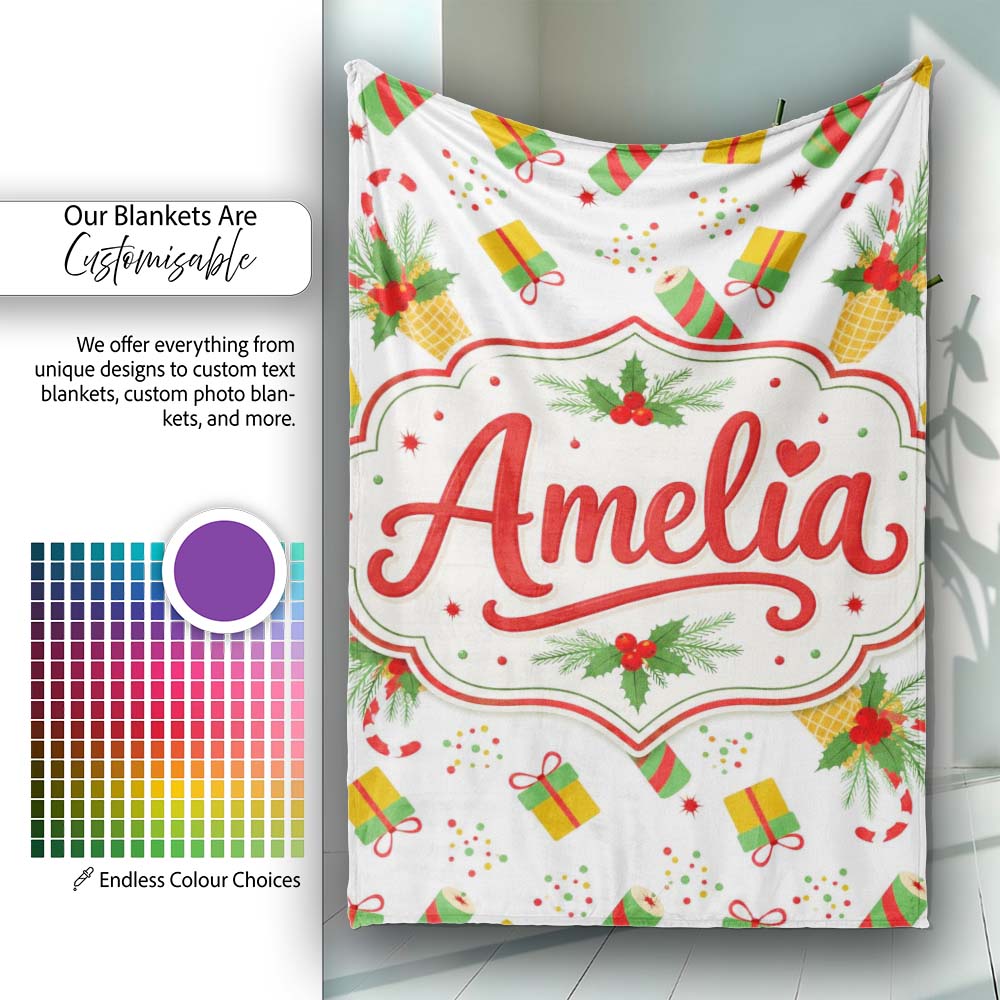 Festive Ice Cream Cones Holly Candy Cane Christmas Cheer Seamless Personalised Custom Name Super Soft Fleece Blanket Bed Sofa Throw