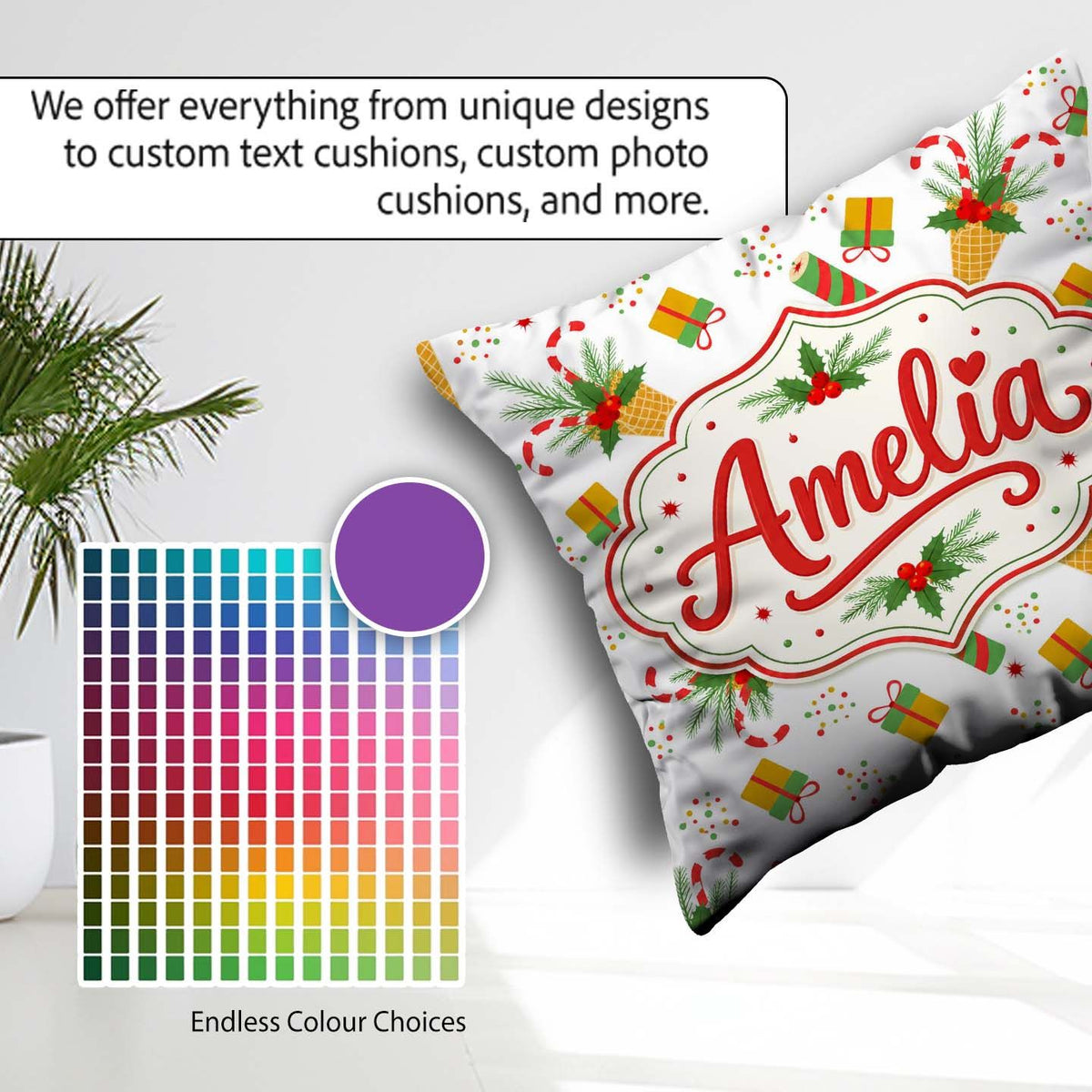 Custom Name Festive Cream Cones Holly Candy Cane Christmas Cheer Square Filled Cushion Throw Pillow Sofa Bed Home Decor Zip Washable UK Made